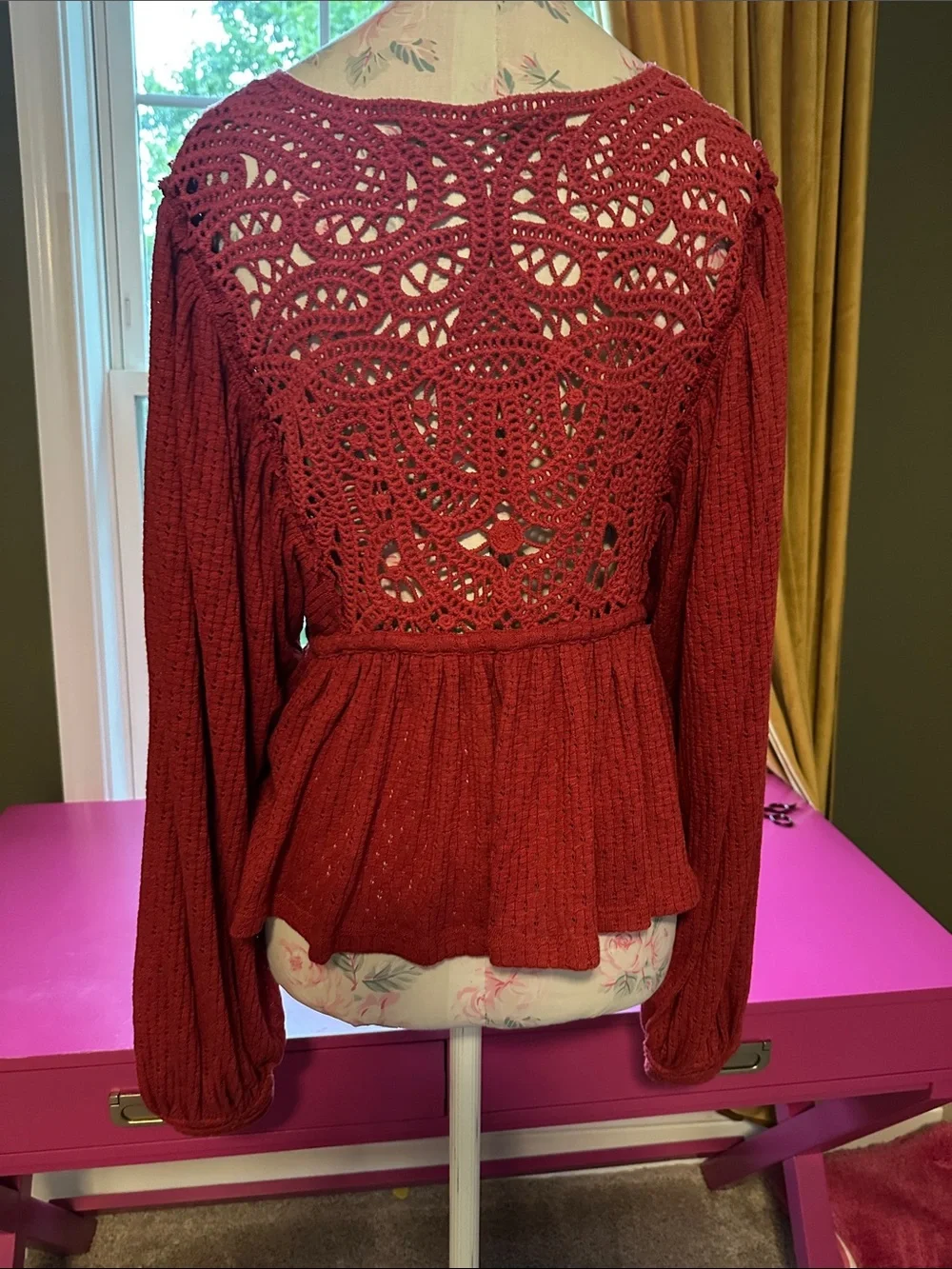 Free People Deep Red Crochet V-Neck Peplum Blouse